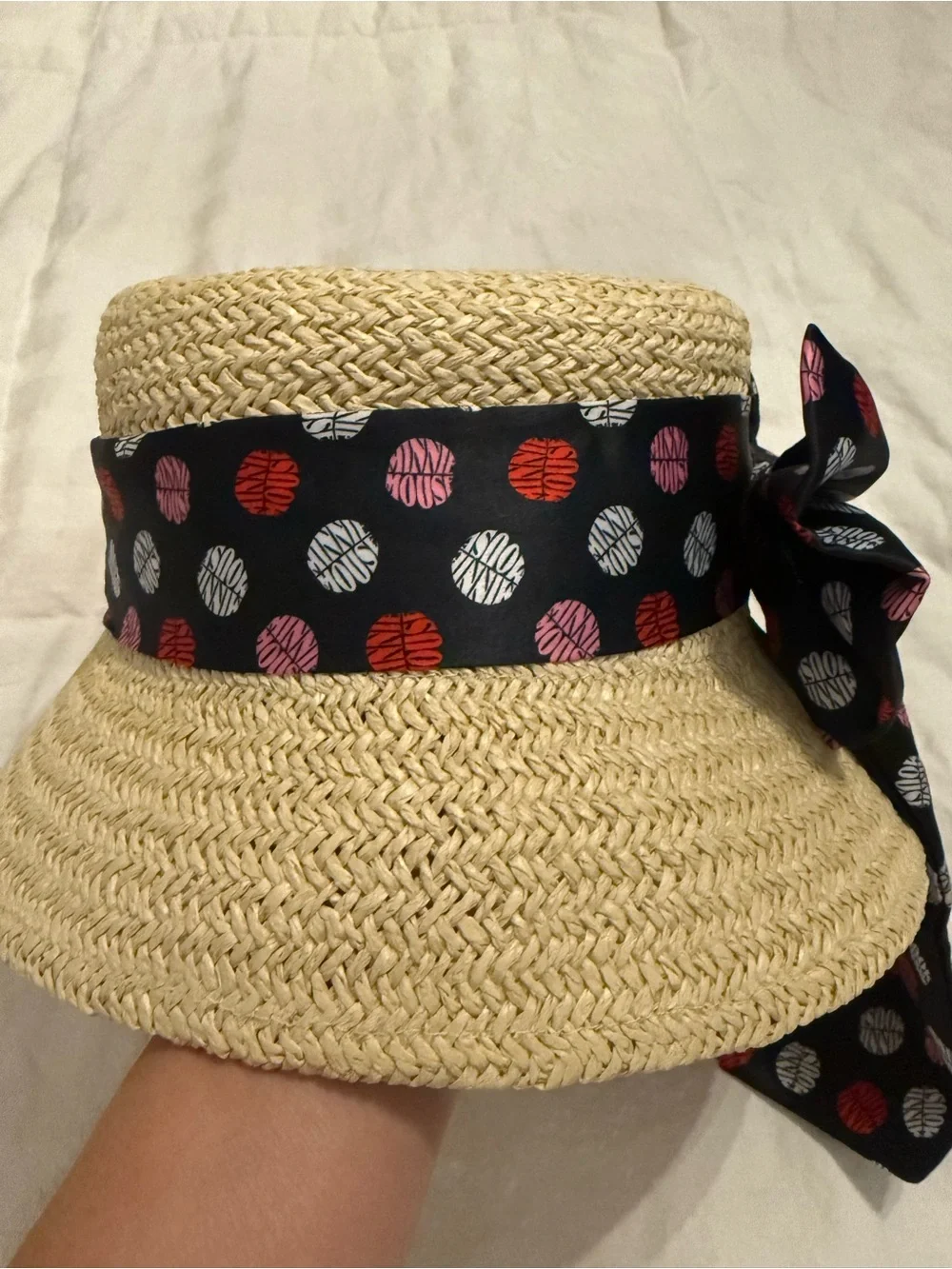 Disney Straw Bucket Hat with Black Polka Dot Bow (Red, Pink, White)